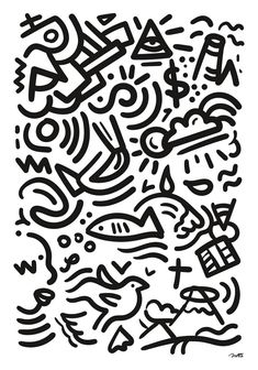 an abstract black and white painting with various shapes