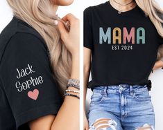 This custom MAMA EST Bella and Canvas t-shirt is perfect for new mamas and veteran mamas alike!  Customize with the names of all the kids on the right hand sleeve for an extra special touch.  Buy for yourself to wear as a proud Mama or make this a gift for the best Mama around.  Makes for a great birthday, Mother's Day, or Christmas gift.  This colorful mom shirt also can be used as a fun pregnancy reveal! PLEASE READ THROUGH ALL OF THE FOLLOWING INFORMATION.  IF YOU HAVE FURTHER QUESTIONS, WE A Personalized Black Short Sleeve Top, Heart On Sleeve, Kids Names, Pregnancy Reveal, Pregnancy Reveals, Christmas Delivery, Mama Shirt, Heart On, Mom Shirt