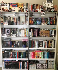 a white book shelf filled with lots of books