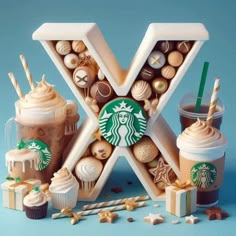 the letter x is made up of many different types of food and drinks, including starbucks