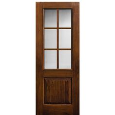 a wooden door with glass panels on the top and bottom panel, against a white background