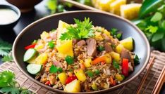 a bowl filled with rice and vegetables on top of a table