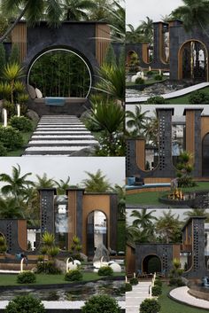 four different views of a house with palm trees and stairs leading to the front door