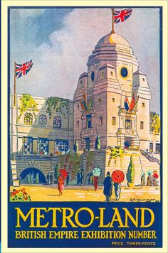 an old poster shows people walking in front of a large building with flags on it