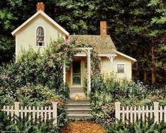 a painting of a white house surrounded by greenery and bushes with a dog sitting in the front door