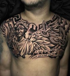 a man's chest with an angel and cross tattoo on it, which is surrounded by words