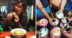 two pictures side by side one with food and the other with ice cream in it