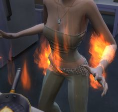 an animated woman is standing in front of some flames