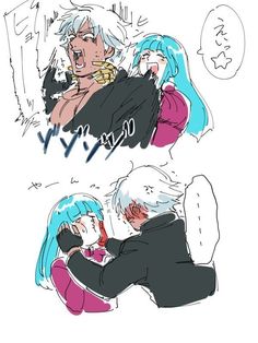 two anime characters one is hugging the other with blue hair and another has white hair