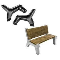 two black and white benches sitting next to each other on top of a wooden bench