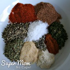 spices and seasonings in a white bowl with the words super mom no capel