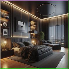 a bedroom with black walls and wooden flooring is lit up by lights that are on either side of the bed