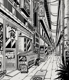 black and white drawing of an alleyway with signs on the buildings, plants in pots