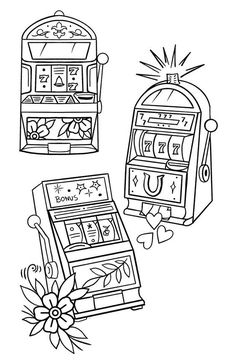 Gambling Machine Tattoo, Casino Tattoo Ideas, Slot Machine Drawing, Casino Drawing, Slot Tattoo, Slot Machine Tattoo, Traditional Tattoo Stencils, Casino Tattoo, Floral Back Tattoos