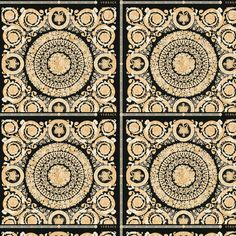 four square tiles with gold and black designs