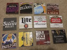 there are many different types of beer labels on the floor