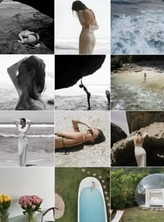 a collage of photos with women and water