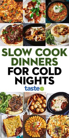 the cover of slow cook dinners for cold nights, with images of different dishes and vegetables