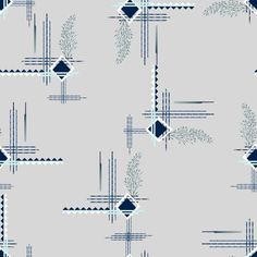 a blue and white abstract design with lines, squares, and flowers on a gray background