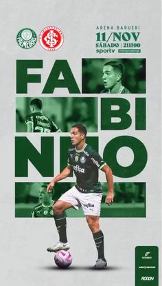 the poster shows a soccer player in green and white uniform, kicking a soccer ball