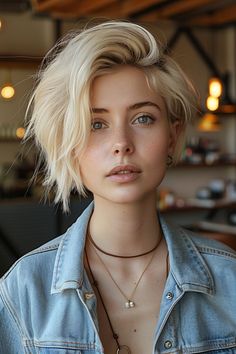 Chic honey blonde asymmetrical pixie cut for a bold style refresh. Pixie Cut Hair Color, Tips Hair Color, Hair Color Short Hair, Short Hairstyles For Round Faces, Haircuts To Try, Pixie Haircut Styles