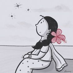 a drawing of a woman sitting on the ground with a flower in her hand