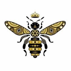 a bee with a crown on it's head is shown in black and gold