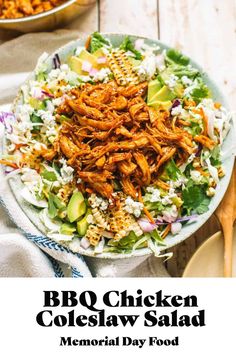 bbq chicken coleslaw salad on a white plate