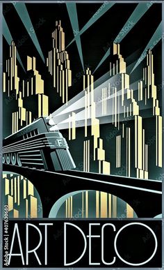 an art deco poster featuring a train crossing a bridge