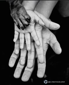 two hands reaching out towards each other with their fingers extended in black and white photo