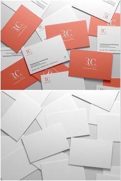 some white and orange business cards with the letter c on them, all in different colors