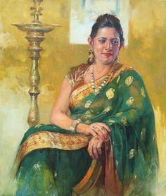 a painting of a woman in green sari sitting next to a lamp post and looking at the camera