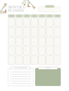 a printable planner with flowers and leaves on the side, in white paper that says month