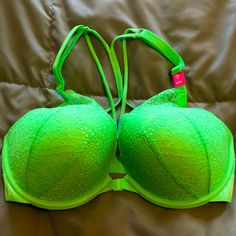 Victoria’s Secret Pink Date Push Up Bra Neon Green Lace With Strappy Fashion Back Details Front Closure Green Bra With Integrated Support, Green Push-up Bra With Padded Cups, Green Push-up Bra For Summer, Green Stretch Bra For Spring, Green Summer Push-up Bra, Summer Green Push-up Bra, Spring Green Stretch Bra, Green Stretch Push-up Bra, Neon Bra