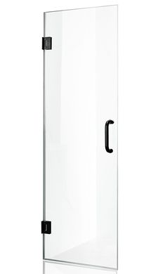 a glass shower door with black handles on an isolated white background for use in the bathroom