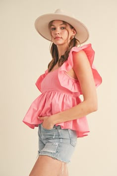 Expertly crafted with a fitted bodice and smocked back, this Ruffle Sleeve Babydoll Top features a sweet sweetheart neckline and charming ruffled flutter sleeves. Top stitch details on the bust give it a touch of texture, while the lined peplum hem adds a dose of femininity. Elevate your wardrobe with this must-have piece. Spring Puff Sleeve Peplum Top With Ruffles, Spring Peplum Top With Ruffles And Puff Sleeves, Spring Fitted Peplum Top With Ruffles, Fitted Ruffles Peplum Top For Spring, Fitted Peplum Top With Ruffles For Spring, Cotton Smocked Top With Flutter Sleeves For Spring, Cotton Smocked Top With Ruffles And Square Neck, Pink Ruffled Square Neck Top, Pink Square Neck Top With Ruffles