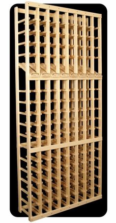 a wooden wine rack is shown against a black background with the bottom section open to show it's shelves