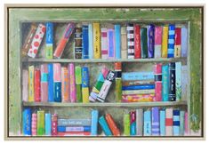 a painting of bookshelves filled with different colored books and crayons on them