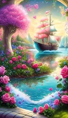 a painting of a boat in the water surrounded by pink roses and trees with flowers around it