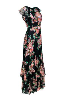 Add some floral flare in this playful and stylish Shoshanna formal dress. A stunning black and multi-color floral print is accented by ruffled cap sleeves, adding a touch of whimsy. Made from a silk blend, this dress is both luxurious and comfortable. Complete the look with peach strappy sandals and gold dangle earrings. Size 2 Shell 72% Rayon, 28% Silk Lining 100% Polyester Invisible zipper back Ruffled cap sleeves Ruffled tiered bottom detail Bust 34" Waist 30" Shoulder to hem 60.5" Sleeve length 5.5" Black Ruffled Maxi Dress For Garden Party, Black Maxi Dress With Ruffles For Garden Party, Fitted Multicolor Floral Dress With Ruffles, Black A-line Maxi Dress With Floral Print, Flowy Black Floral Print Dress, Multicolor Floral Print Maxi Dress For Cocktail, Black Floral Dress For Dress Down Summer, Black Floral Dress For Casual Summer, Summer Black Floral Dress For Casual Occasions