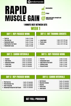 the rapid muscle gain plan is shown in green and white, with instructions for each program