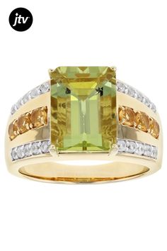 6.88ct emerald cut yellow apatite with .60ctw round citrine and .68ctw round white zircon, 18k yellow gold over sterling silver men's ring. Measures approximately 0.92"L x 0.55"W. Finished under gallery. White rhodium. Not sizable.  Accent stones primarily zircon. Yellow Apatite, Sterling Silver Mens Rings, Mens Silver Rings, Sterling Silver Mens, Men's Ring, Silver Man, Emerald Cut, Citrine, Emerald