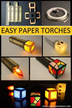 the instructions for how to make an easy paper torchs with colored lights and materials