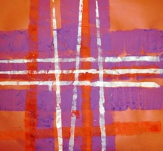 an orange and purple painting with white lines