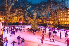 people skating on an ice rink at night