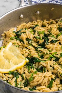 pasta with spinach and lemon in a pan