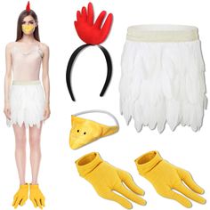 a girl in a costume and accessories including gloves, headbands, mittens