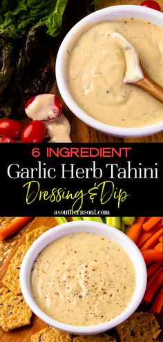 garlic herb tahini dressing and dip in white bowls with crackers on the side