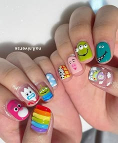 Forky Nails, Short Character Nails, Short Cartoon Nails, Tweety Nails, Cartoon Nail Art Designs, Funky Nail Art Ideas, Toy Story Nails, Movie Nails, Nails Short French