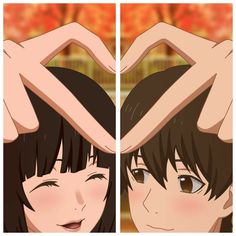 two anime characters are making faces with their hands and touching the foreheads, while one is holding his head up